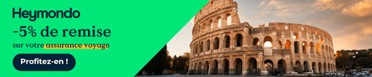 Bannière promotion de 5% pour les assurance voyage Heymondo à Rome