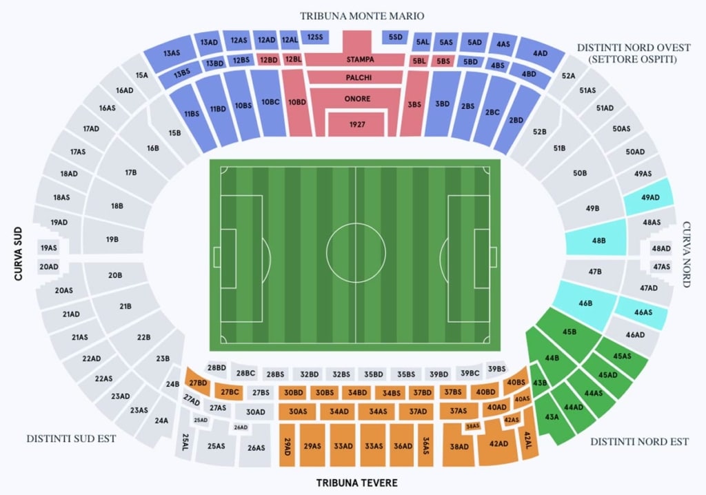 Plan des tribunes du stade olympique de Rome pour un match de l'AS Roma ou de la Lazio