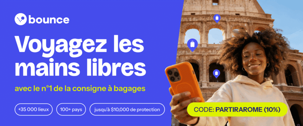 Bandeau promotionnel de la consigne bagage Bounce avec un code promo Partir à Rome